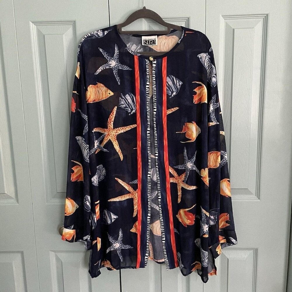 Sandra Ow-Wing NR1 Single Button Sheer Fish Starfish Long‎ Sleeve Blouse READ**